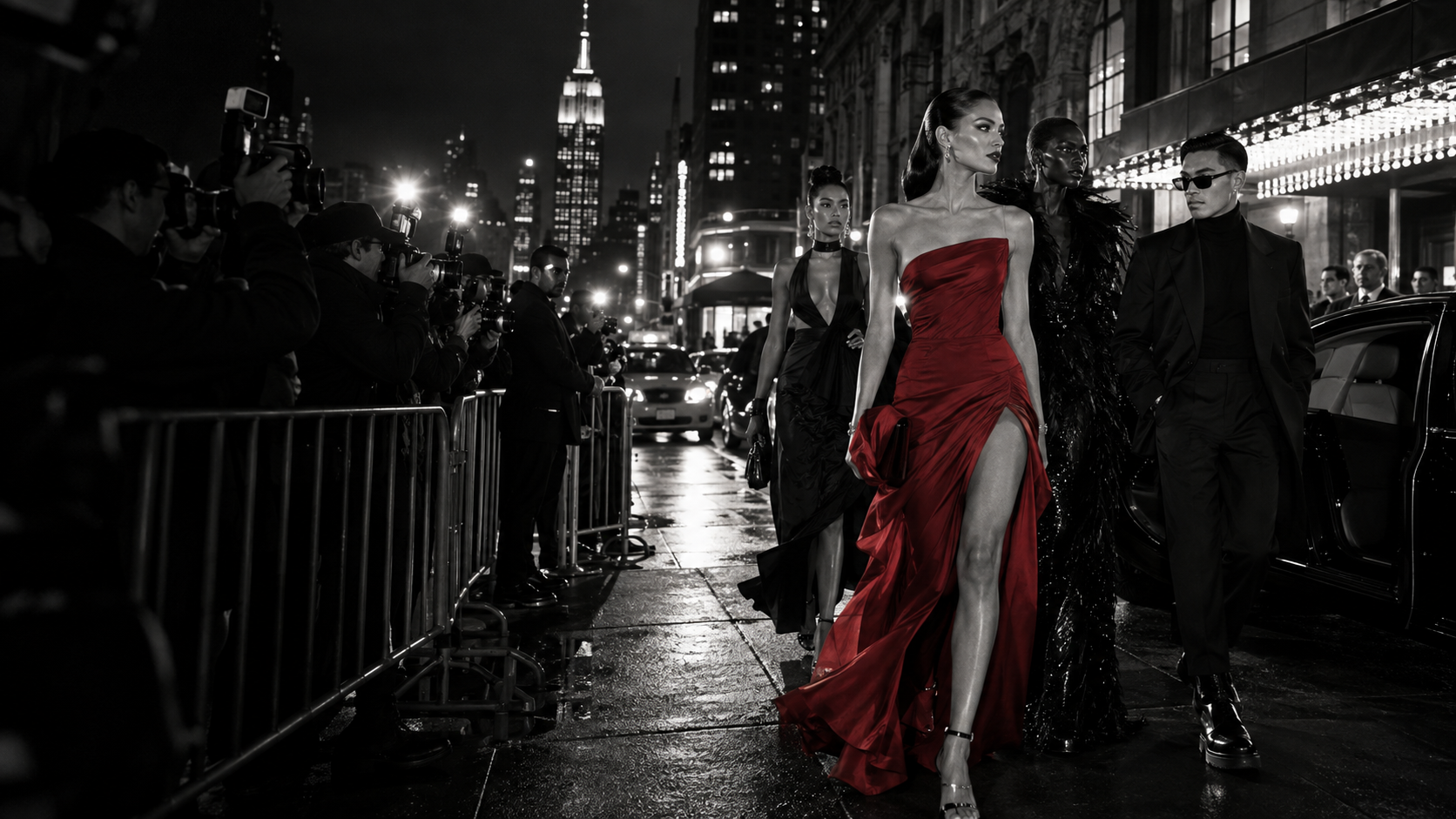 Fashion-week guests arriving on a New York street surrounded by photographers